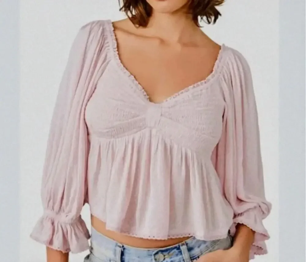 Free People Pink Smocked Peasant Top XL Puff Sleeve Crop Boho Cottagecore